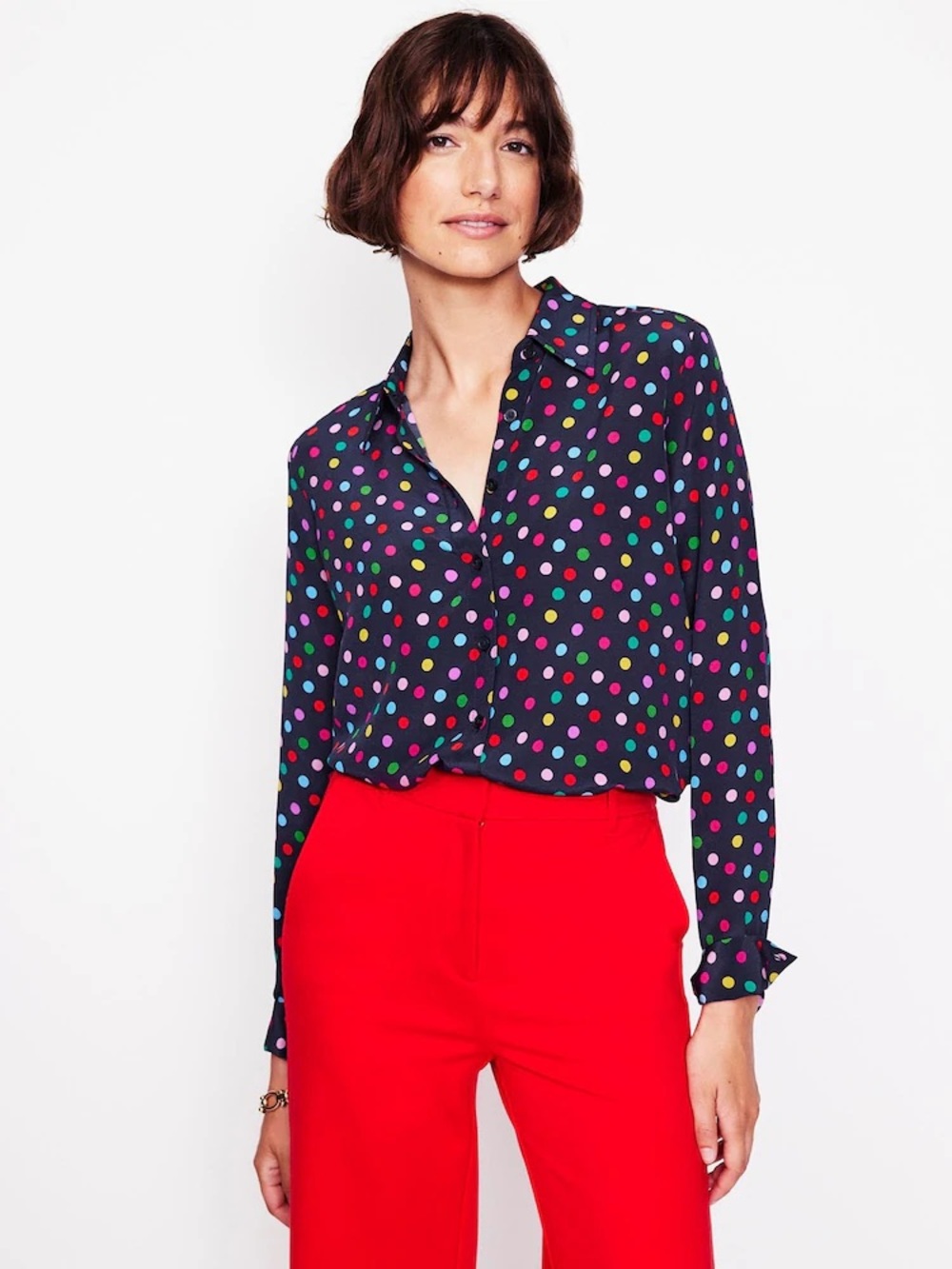 Boden Polka Dot Siena Silk Shirt Navy Size 16-18R
